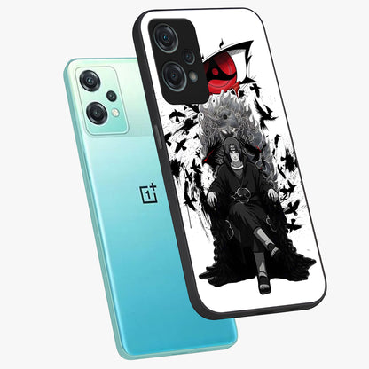 Uchiha Shadow Throne Glass Case for 1+Nord Ce 2 Lite angled mockup showcasing glossy finish and dramatic shadow detailing