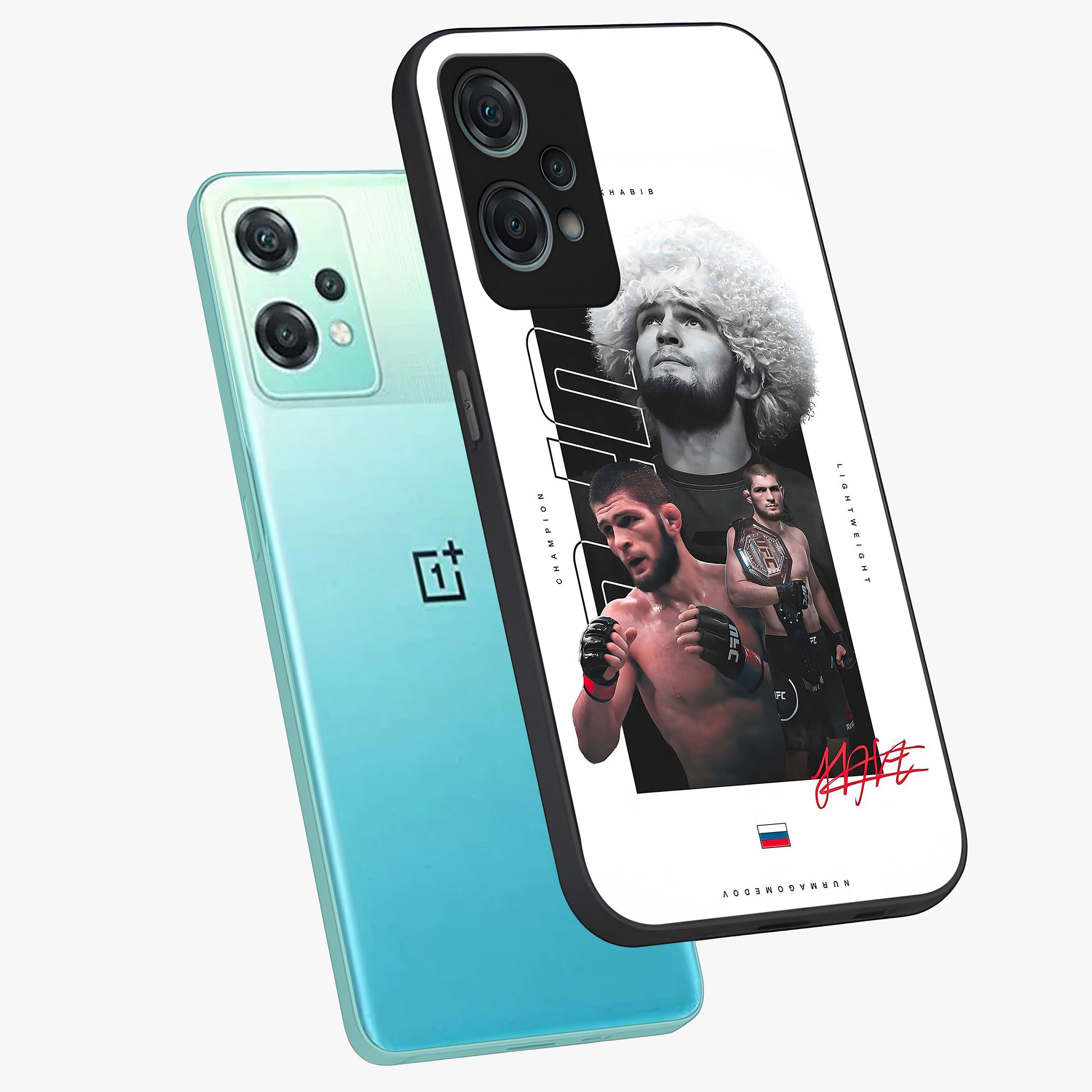 Unbeaten Warrior Legacy Glass Case for 1+Nord Ce 2 Lite angled mockup showcasing glossy finish and strong action detailing