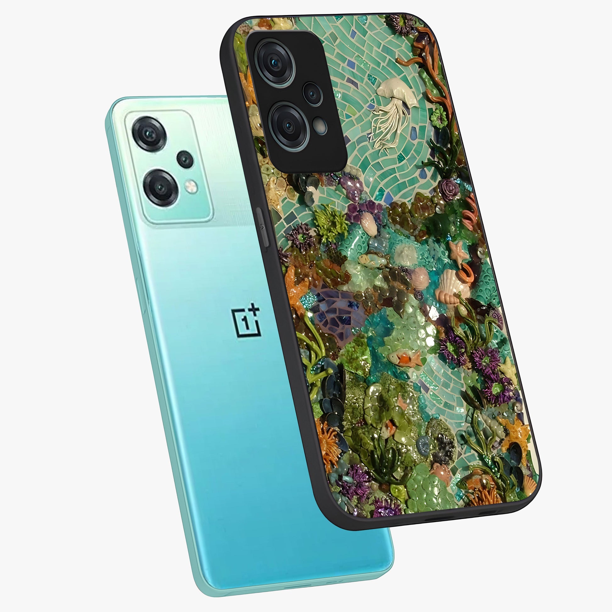 Underwater Mosaic Art Glass Case for 1+Nord Ce 2 Lite angled mockup showcasing glossy finish and vibrant aquatic tones