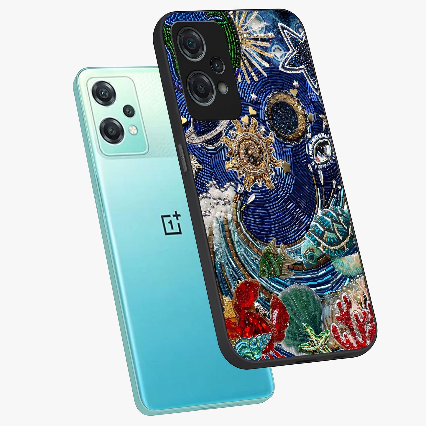Universe Underwater Spark Glass Case for 1+Nord Ce 2 Lite angled mockup showcasing glossy finish and glowing blue gradients