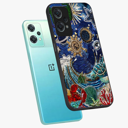 Universe Underwater Spark Glass Case for 1+Nord Ce 2 Lite angled mockup showcasing glossy finish and glowing blue gradients