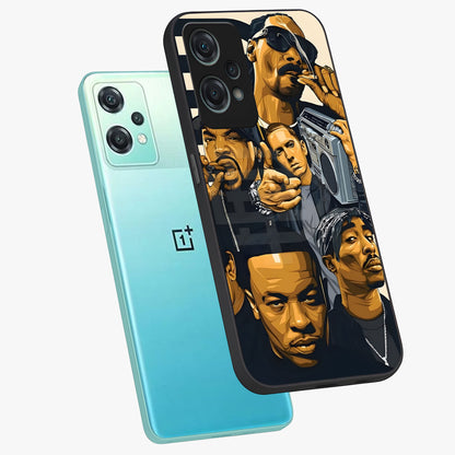 Urban Rap Legends Glass Case for 1+Nord Ce 2 Lite angled mockup showcasing glossy finish and edgy urban detailing
