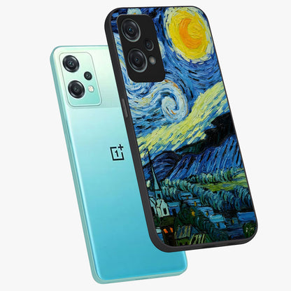 Van Gogh Art Glass Case for 1+Nord Ce 2 Lite angled mockup showcasing glossy finish and rich brushstroke textures