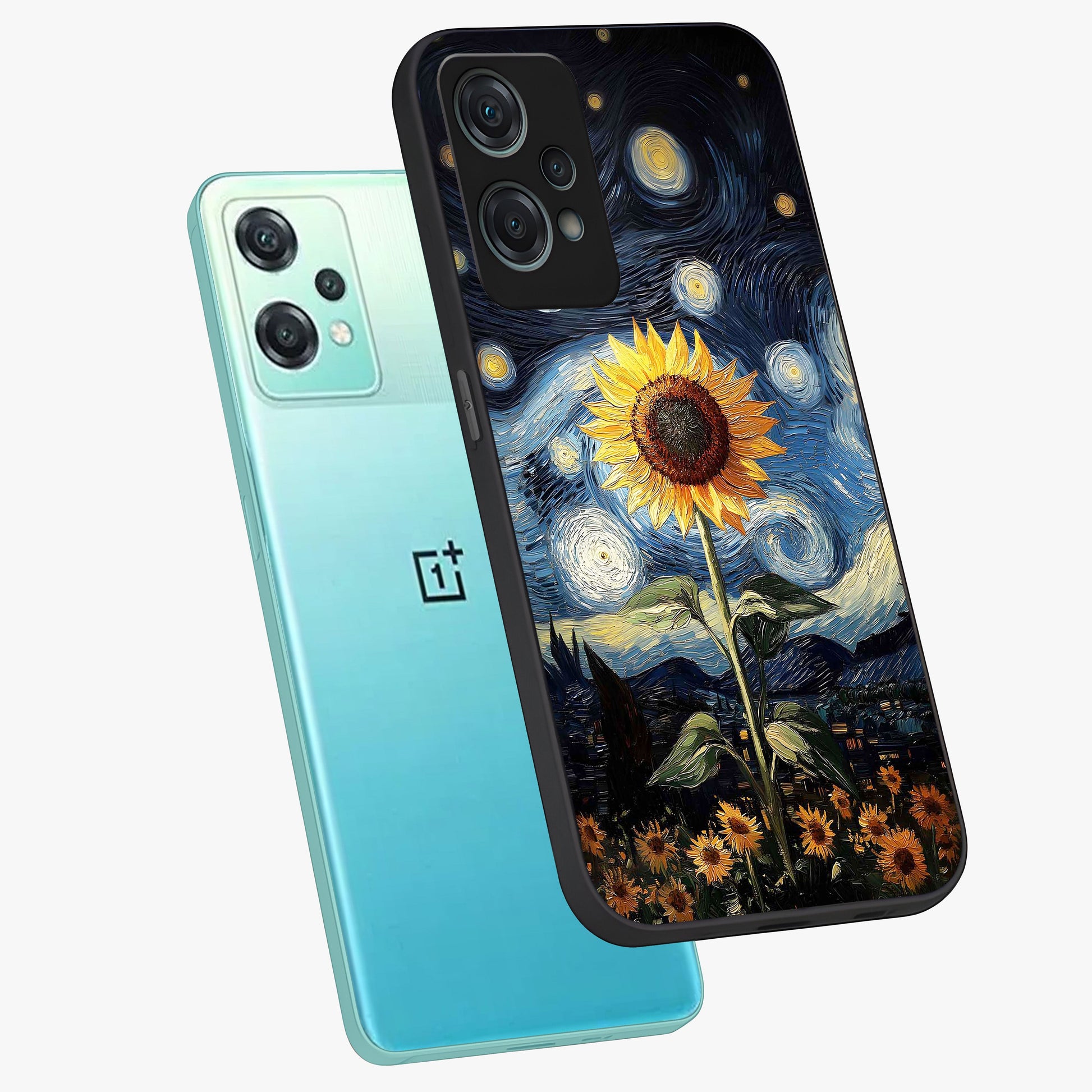 Van Gogh Sunflower Glass Case for 1+Nord Ce 2 Lite angled mockup showcasing glossy finish and bold yellow tones