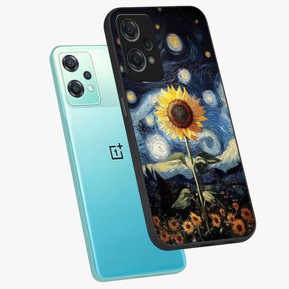 Van Gogh Sunflower Glass Case for 1+Nord Ce 2 Lite angled mockup showcasing glossy finish and bold yellow tones