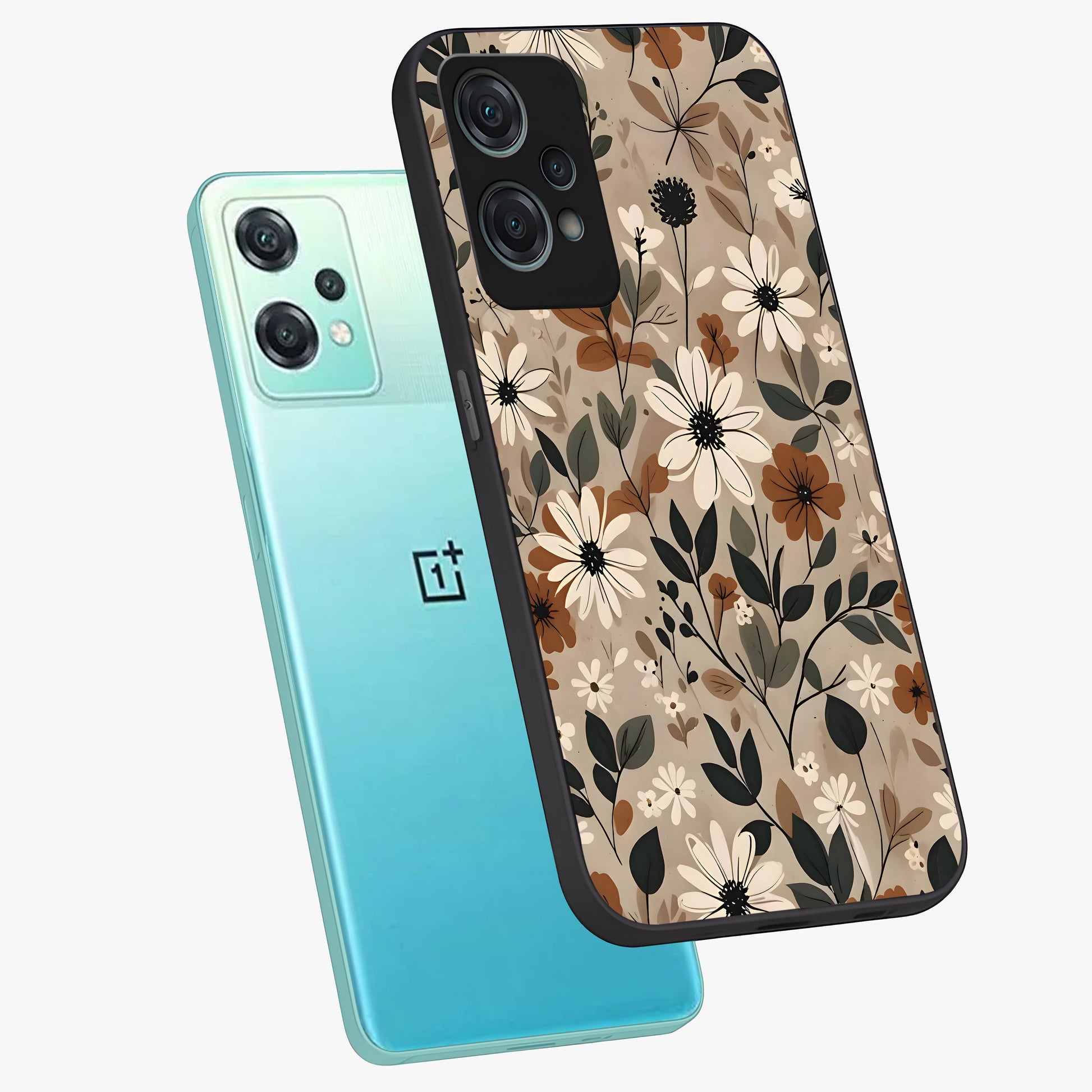 Vector Flowers Glass Case for 1+Nord Ce 2 Lite angled mockup showcasing glossy glass finish and crisp graphic detailing