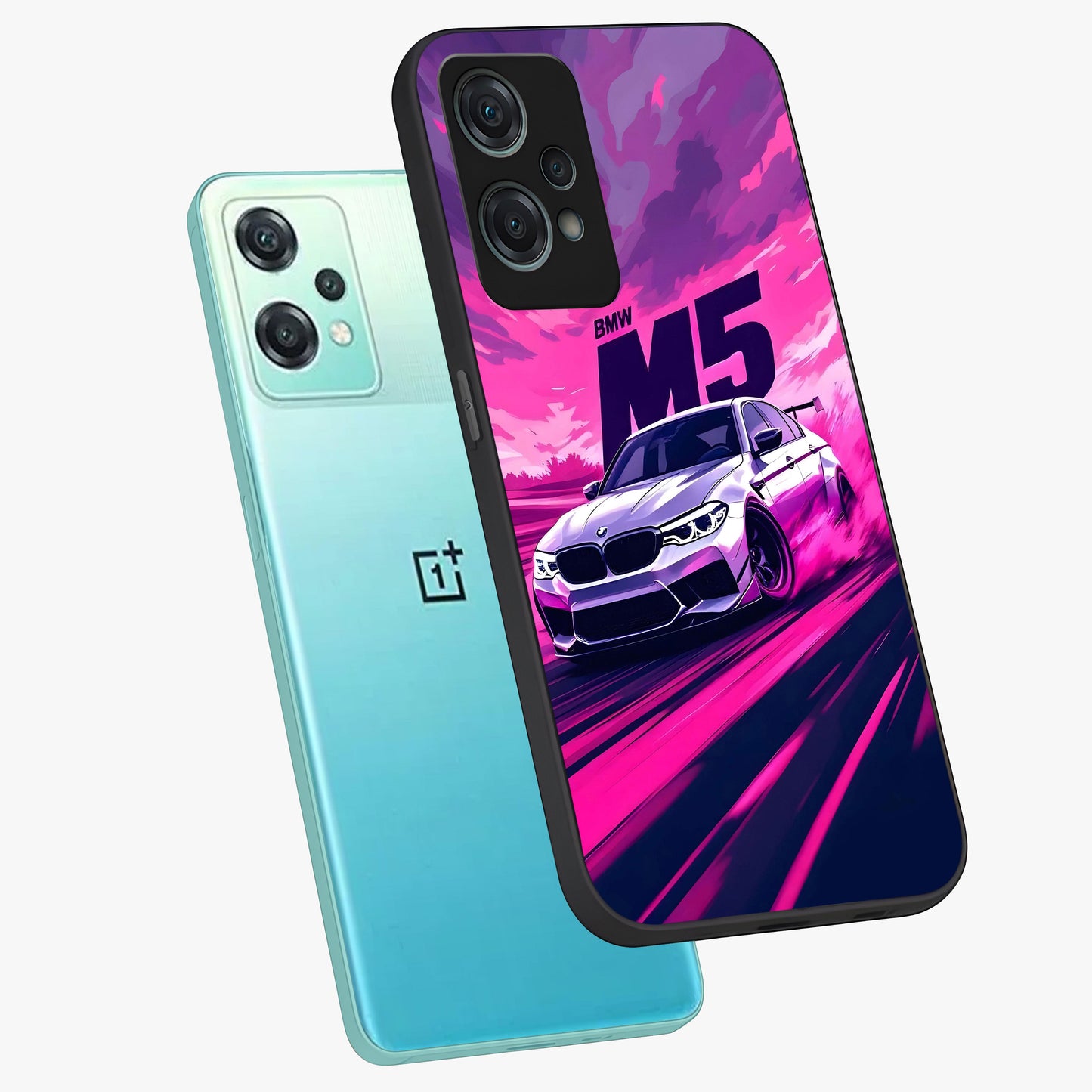 Velocity Drift Pulse Glass Case for 1+Nord Ce 2 Lite angled mockup showcasing glossy finish and bold speed gradients