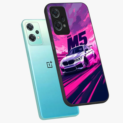 Velocity Drift Pulse Glass Case for 1+Nord Ce 2 Lite angled mockup showcasing glossy finish and bold speed gradients