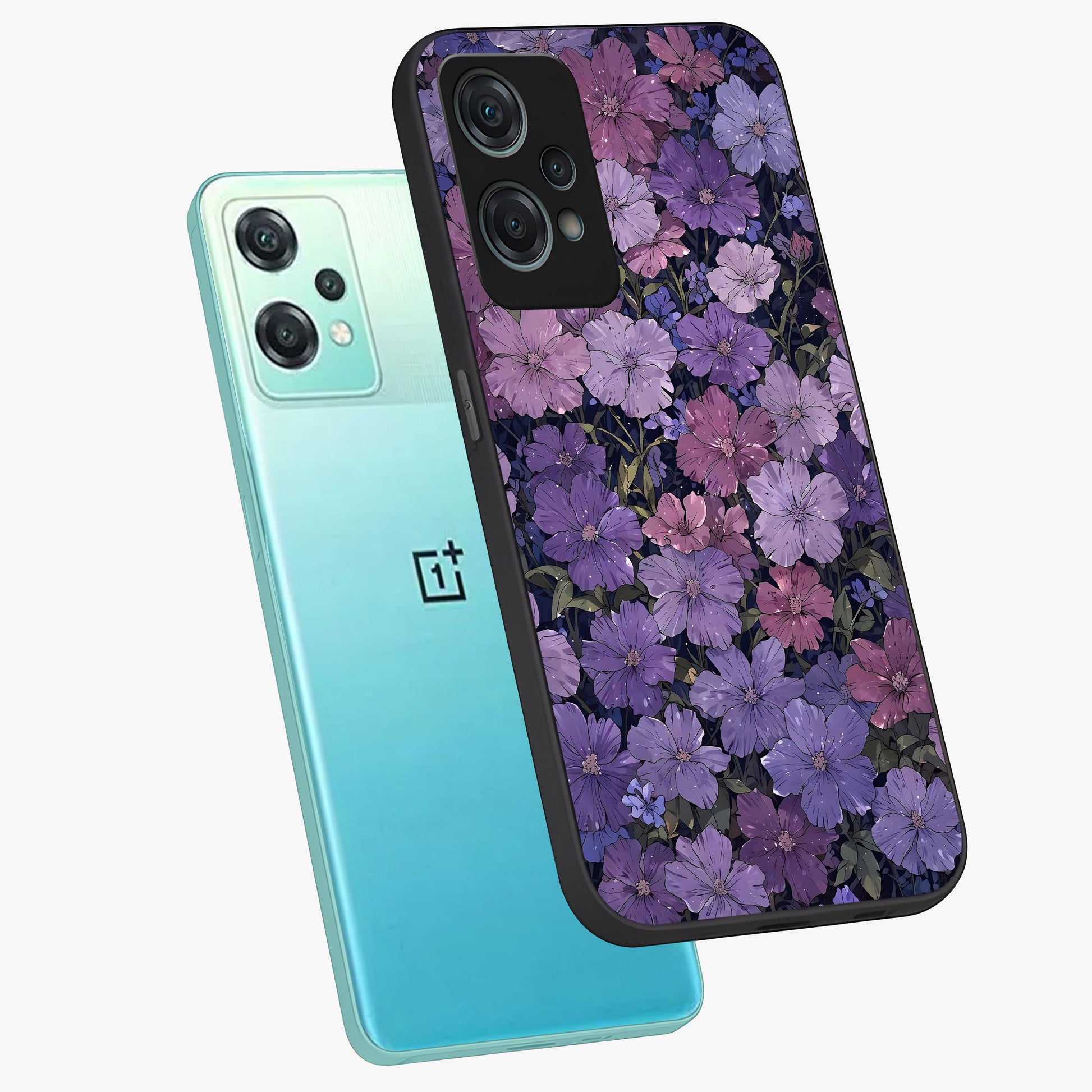 Velvet Bloom Tapestry Glass Case for 1+Nord Ce 2 Lite angled mockup showcasing glossy finish and deep velvet tones