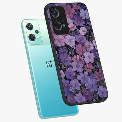 Velvet Bloom Tapestry Glass Case for 1+Nord Ce 2 Lite angled mockup showcasing glossy finish and deep velvet tones