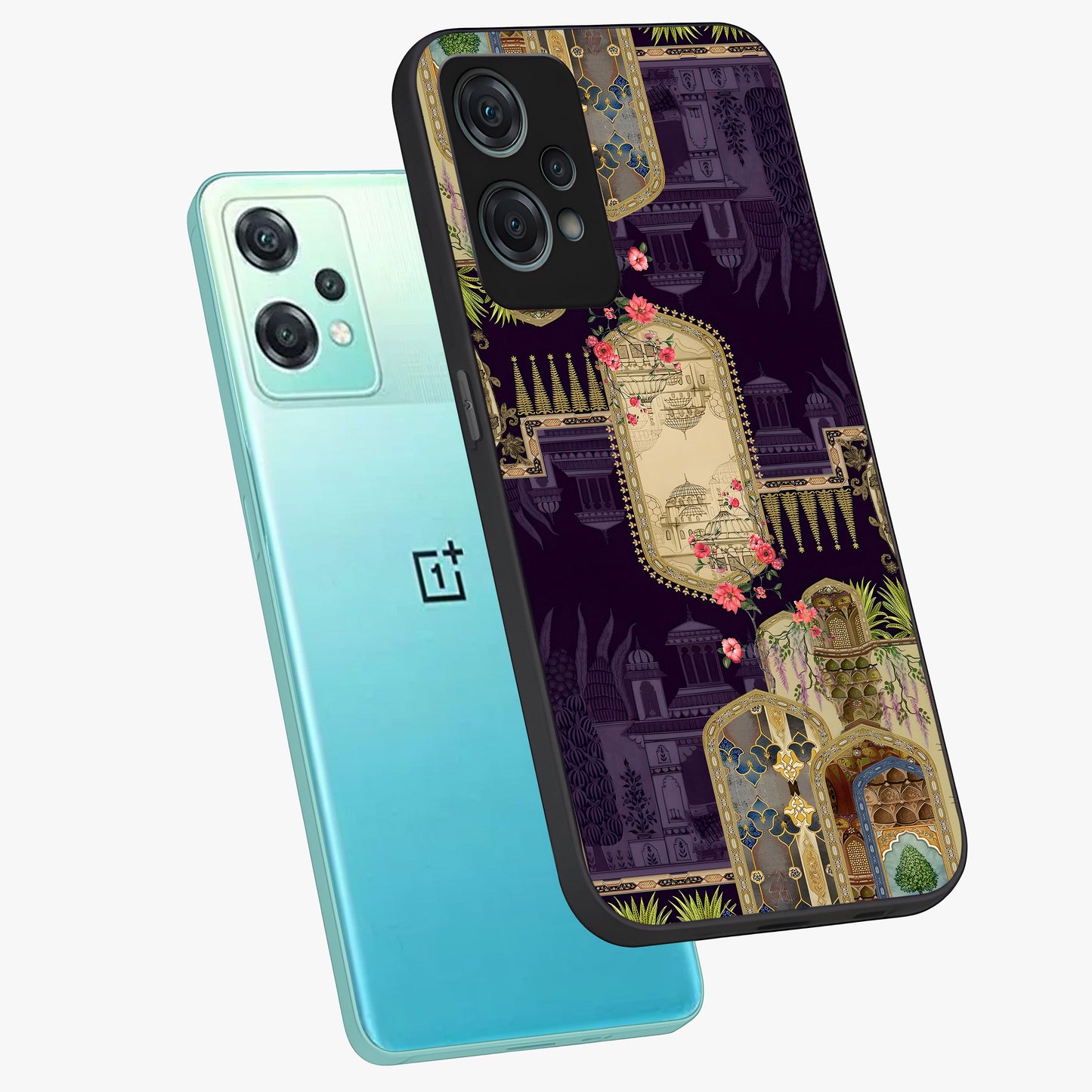 Velvet Mughal Art Glass Case for 1+Nord Ce 2 Lite angled mockup showcasing glossy finish and rich heritage tones