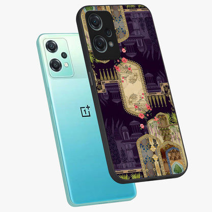 Velvet Mughal Art Glass Case for 1+Nord Ce 2 Lite angled mockup showcasing glossy finish and rich heritage tones