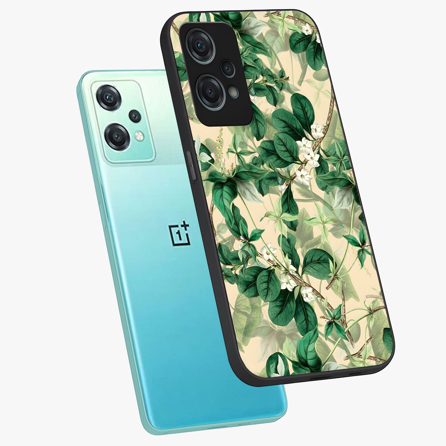 Verdant Garden Whispers Glass Case for 1+Nord Ce 2 Lite angled mockup showcasing glossy finish and natural earthy tones