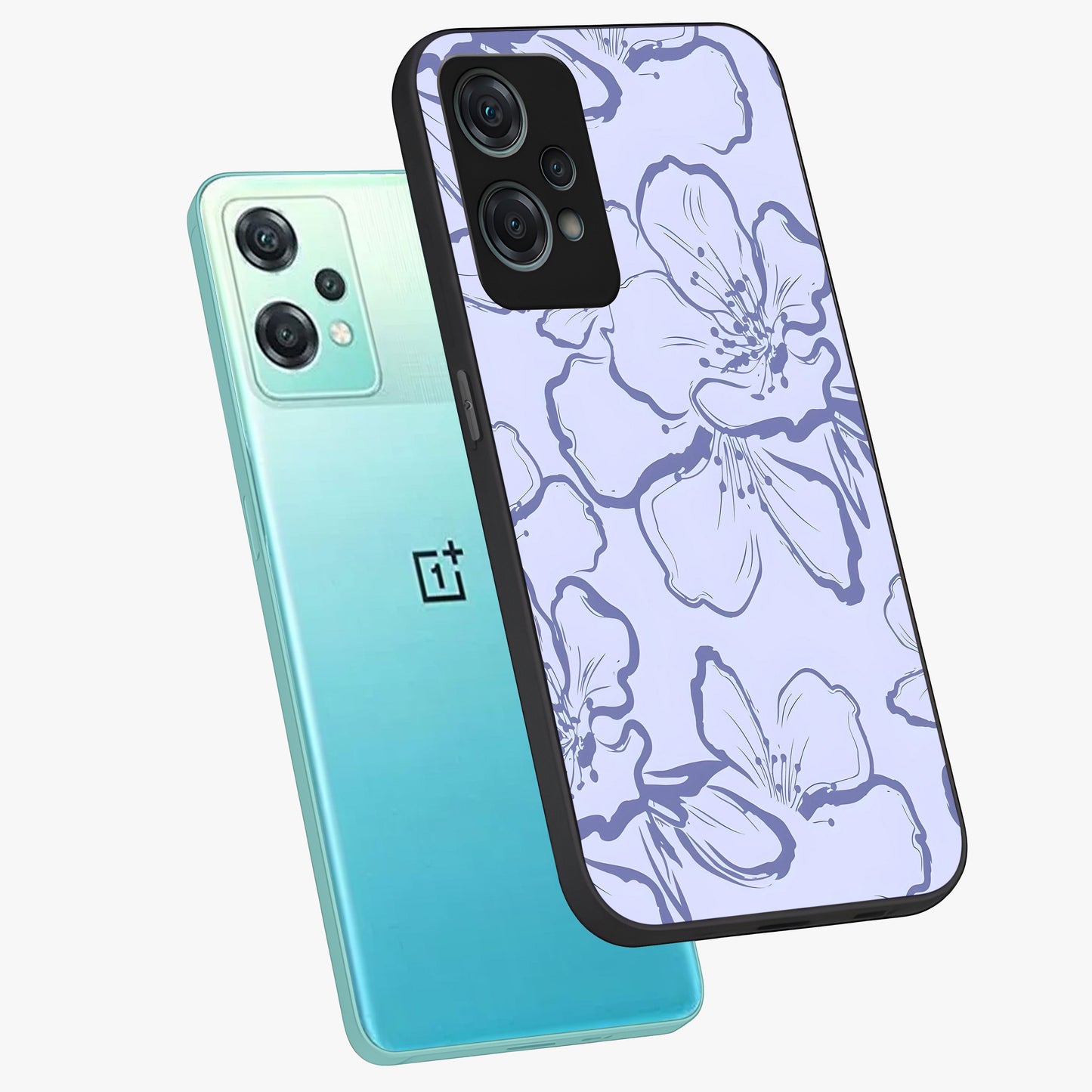 Violet Sketch Garden Glass Case for 1+Nord Ce 2 Lite angled mockup showcasing glossy finish and delicate line detailing