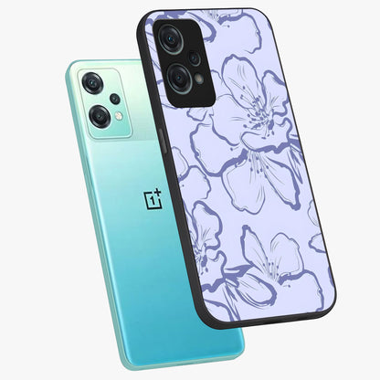 Violet Sketch Garden Glass Case for 1+Nord Ce 2 Lite angled mockup showcasing glossy finish and delicate line detailing