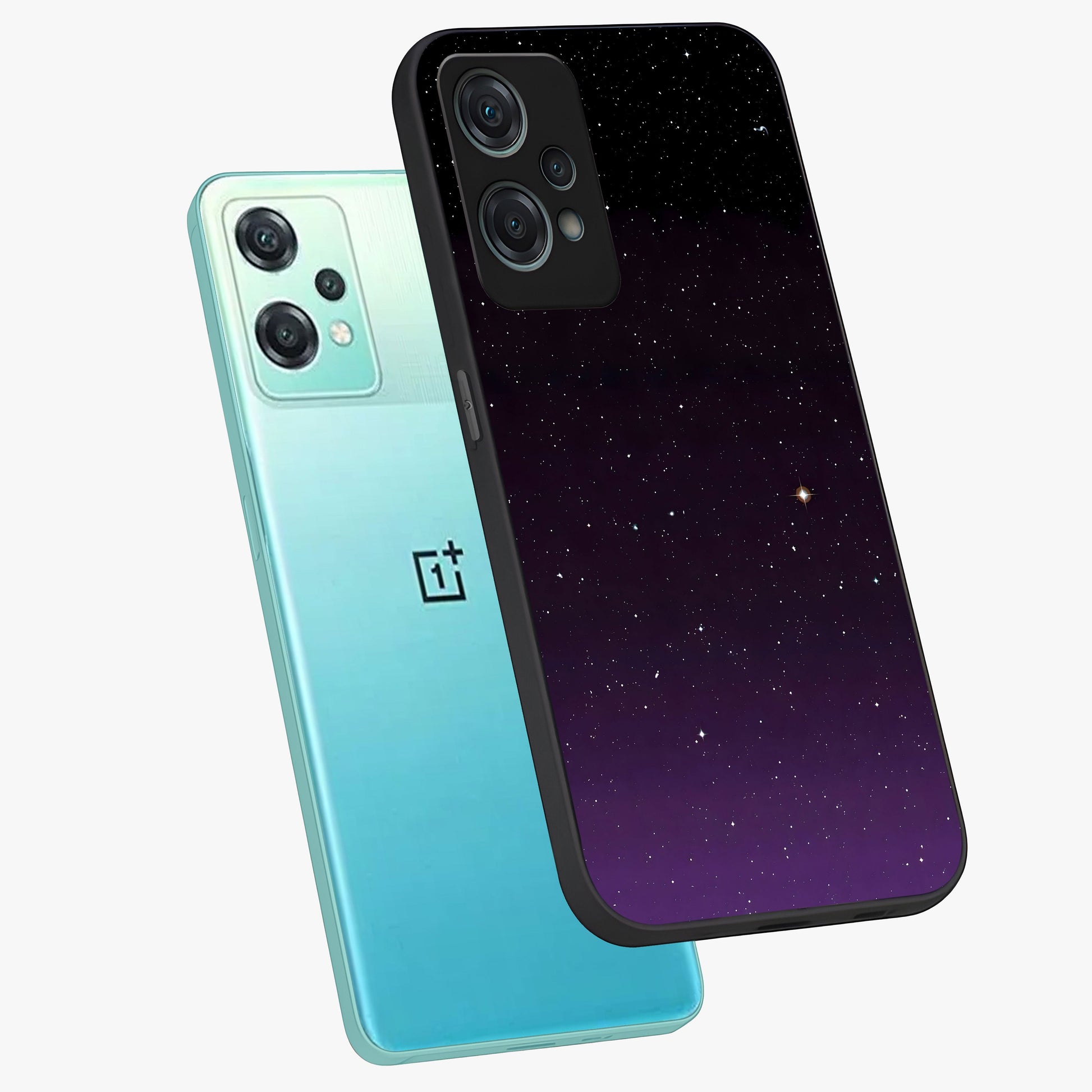 Violet and Black Shade Glass Case for 1+Nord Ce 2 Lite angled mockup showcasing glossy finish and dramatic contrast tones