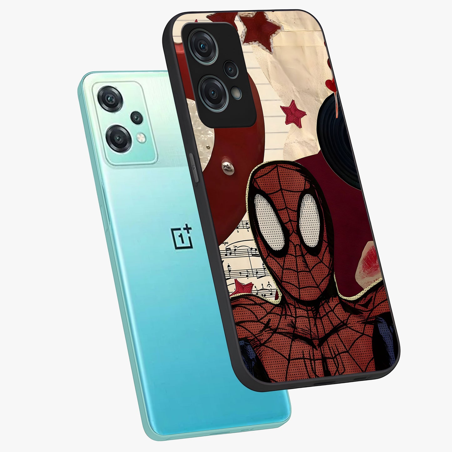 Web Warrior Vibes Glass Case for 1+Nord Ce 2 Lite angled mockup showcasing glossy finish and bold comic style detailing
