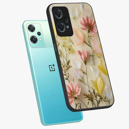 Whispering Petal Harmony Glass Case for 1+Nord Ce 2 Lite angled mockup showcasing glossy finish and delicate bloom detailing