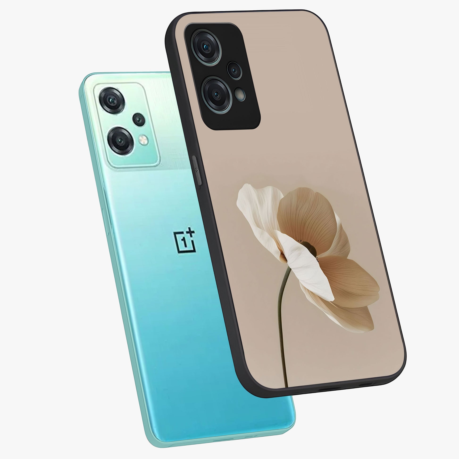 Whispering Petals Glass Case for 1+Nord Ce 2 Lite angled mockup showcasing glossy finish and muted romantic tones