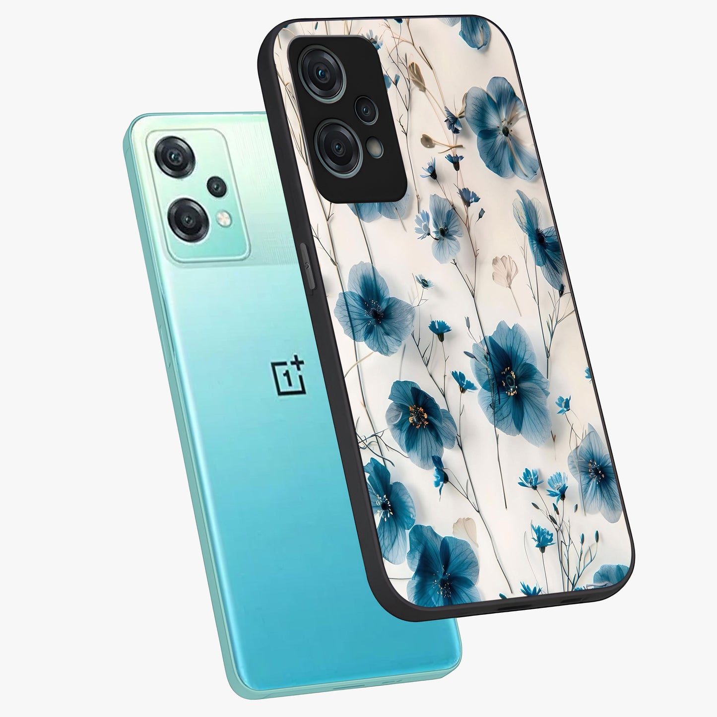 Whispers of Blue Bloom Glass Case for 1+Nord Ce 2 Lite angled mockup showcasing glossy finish and cool sapphire tones