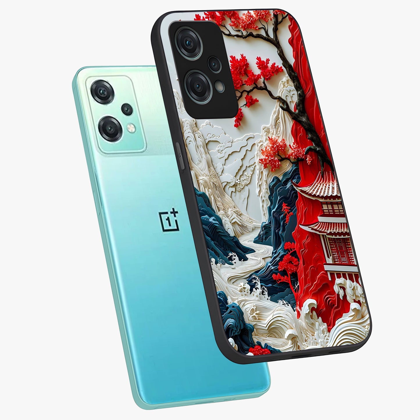 Whispers of Sakura Waves Glass Case for 1+Nord Ce 2 Lite angled mockup showcasing glossy finish and soft pink gradients