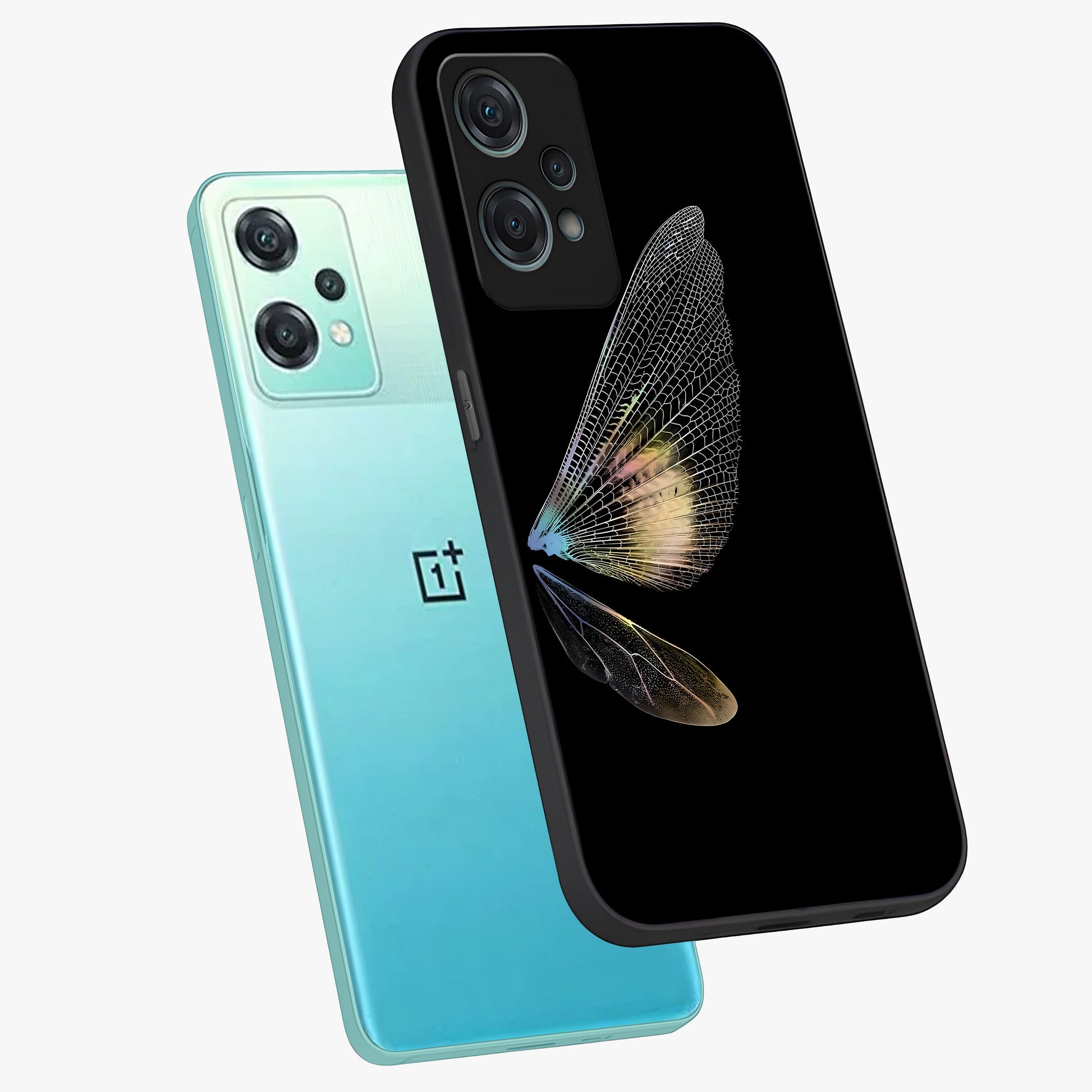 Whispers of Wings Glass Case for 1+Nord Ce 2 Lite angled mockup showcasing glossy finish and soft gradient detailing