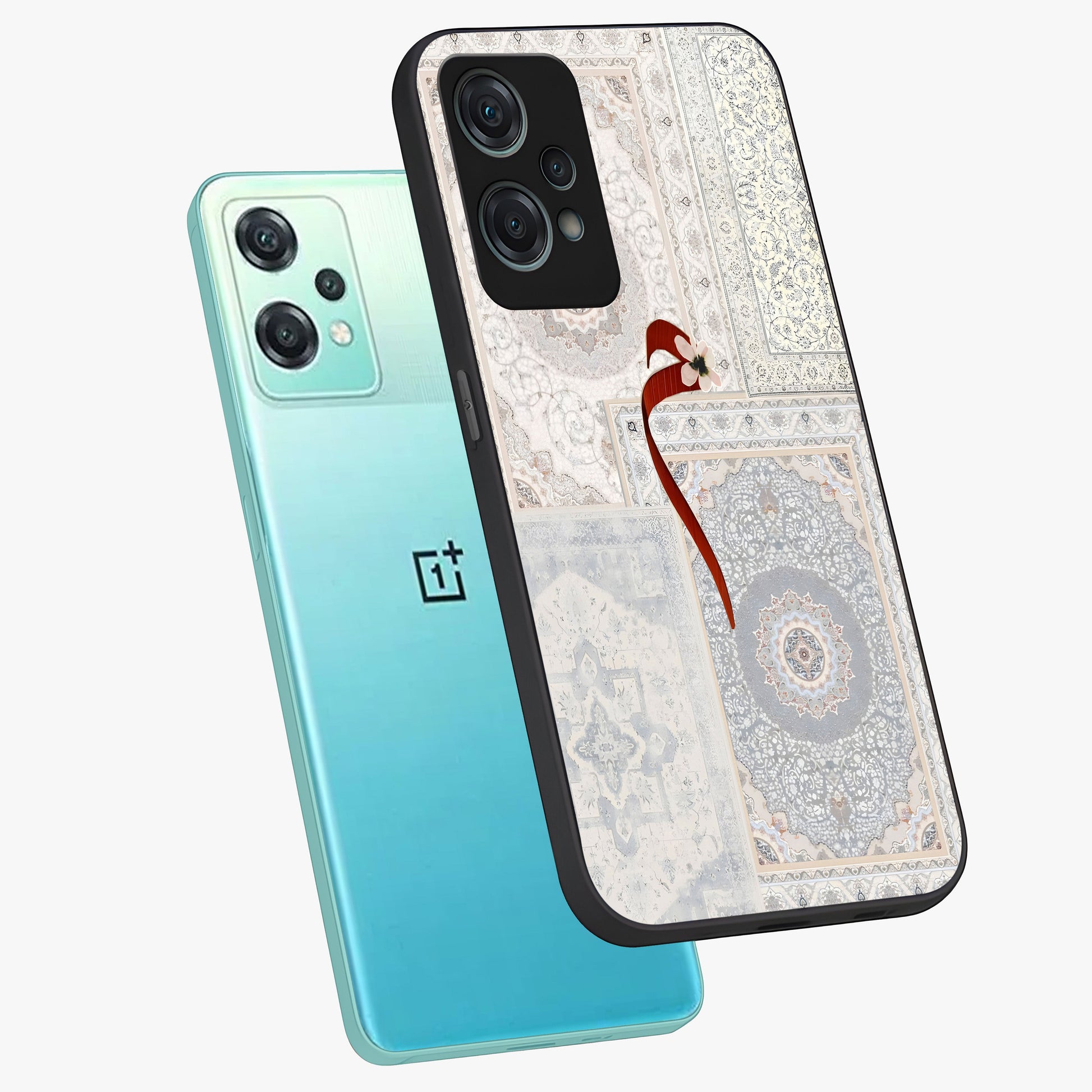 White Aesthetic Bow Glass Case for 1+Nord Ce 2 Lite angled mockup showcasing glossy finish and elegant pastel detailing