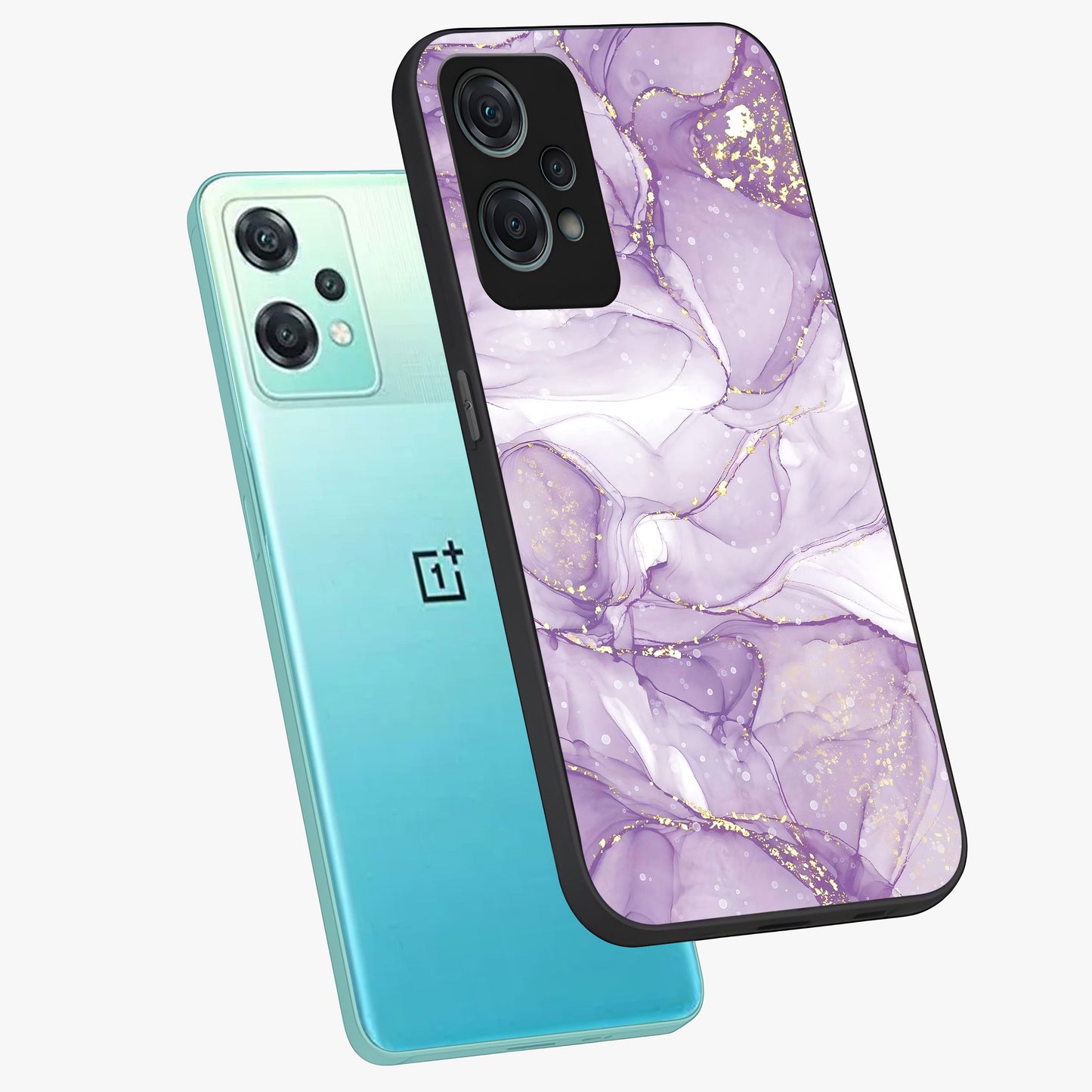 White and Purple Marble Glass Case for 1+Nord Ce 2 Lite angled mockup showcasing glossy finish and refined stone detailing