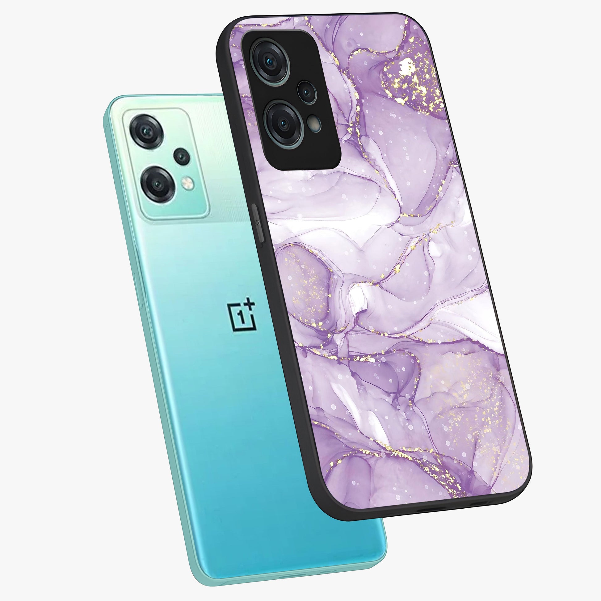 White and Purple Marble Glass Case for 1+Nord Ce 2 Lite angled mockup showcasing glossy finish and refined stone detailing