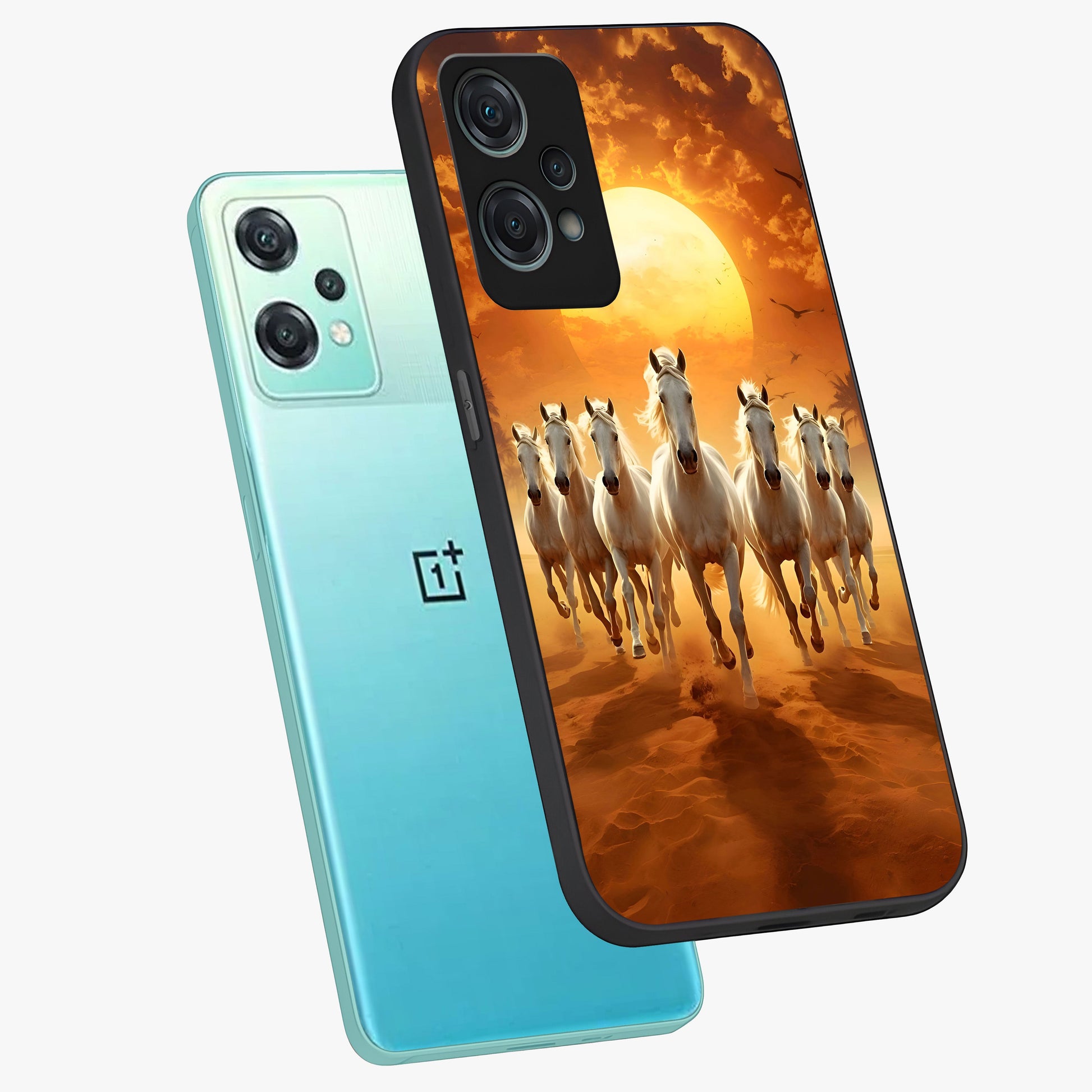 Wild Sunset Majesty Glass Case for 1+Nord Ce 2 Lite angled mockup showcasing glossy finish and warm fiery gradients