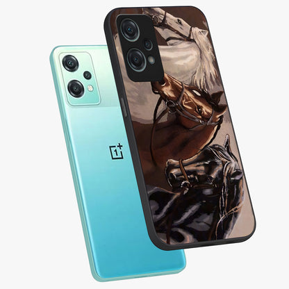 Wild Trio Gallop Glass Case for 1+Nord Ce 2 Lite angled mockup showcasing glossy glass finish and bold equestrian detailing