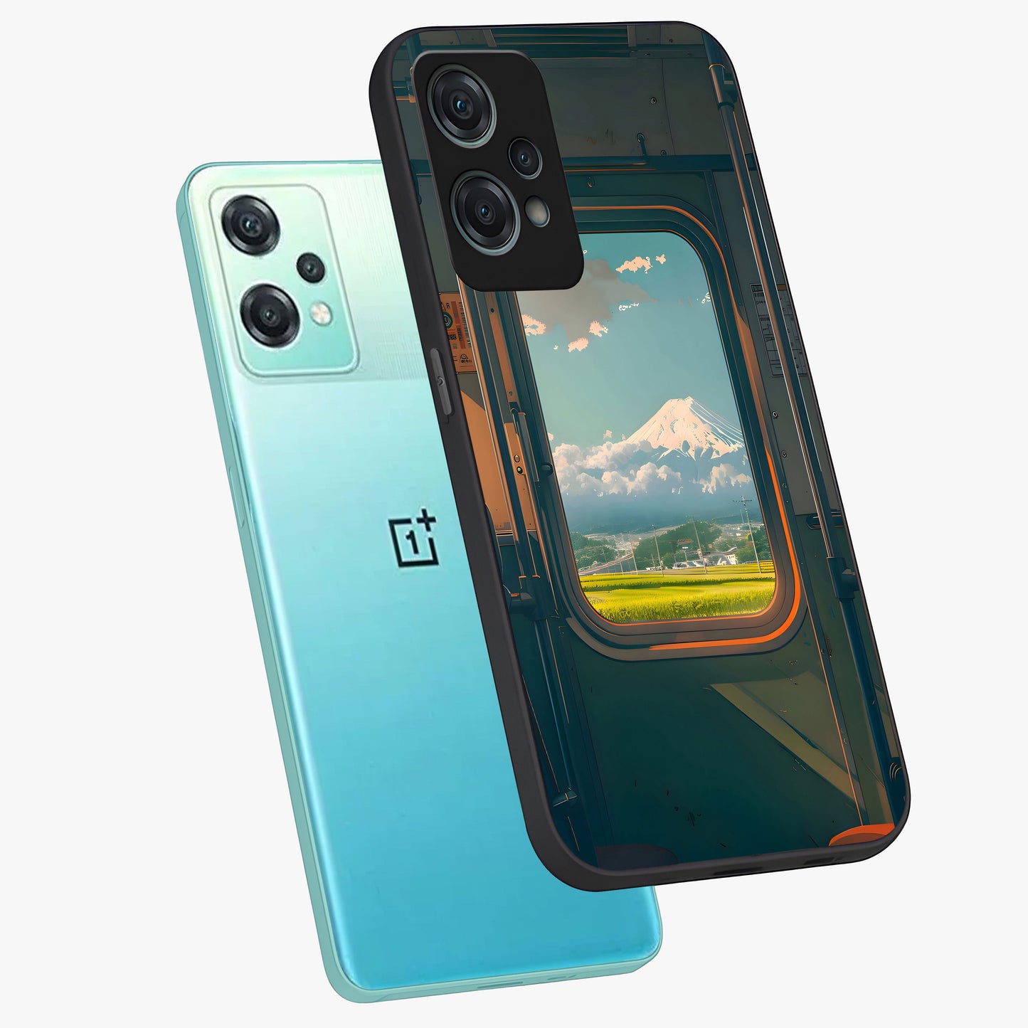 Window to Fuji Glass Case for 1+Nord Ce 2 Lite angled mockup showcasing glossy finish and serene landscape tones