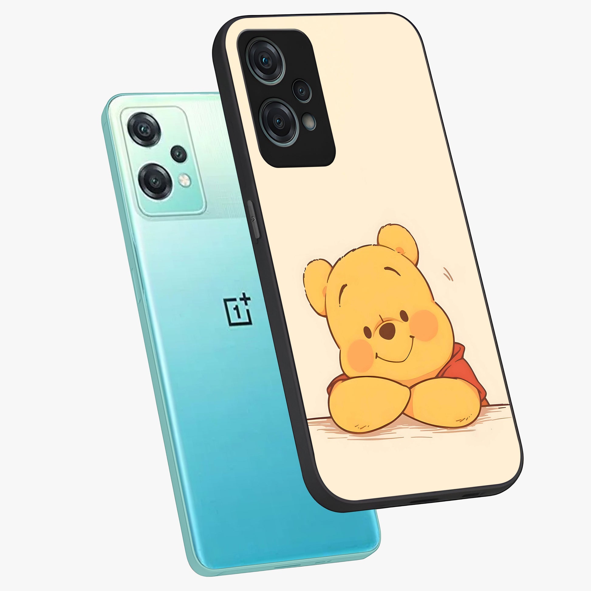 Winniethe Pooh Glass Case for 1+Nord Ce 2 Lite angled mockup showcasing glossy finish and soft playful tones