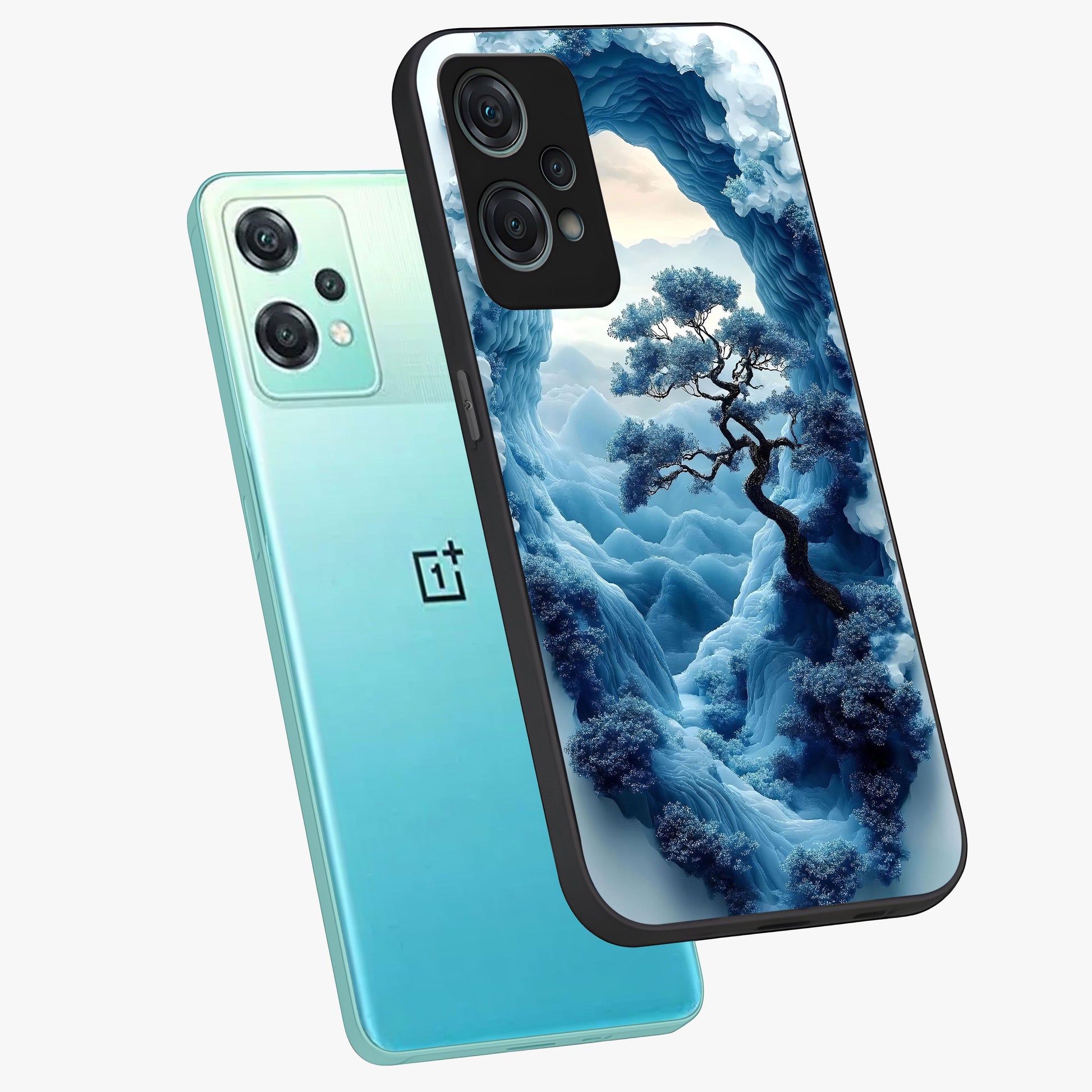 Winter Gate View Glass Case for 1+Nord Ce 2 Lite angled mockup showcasing glossy finish and cool winter gradients