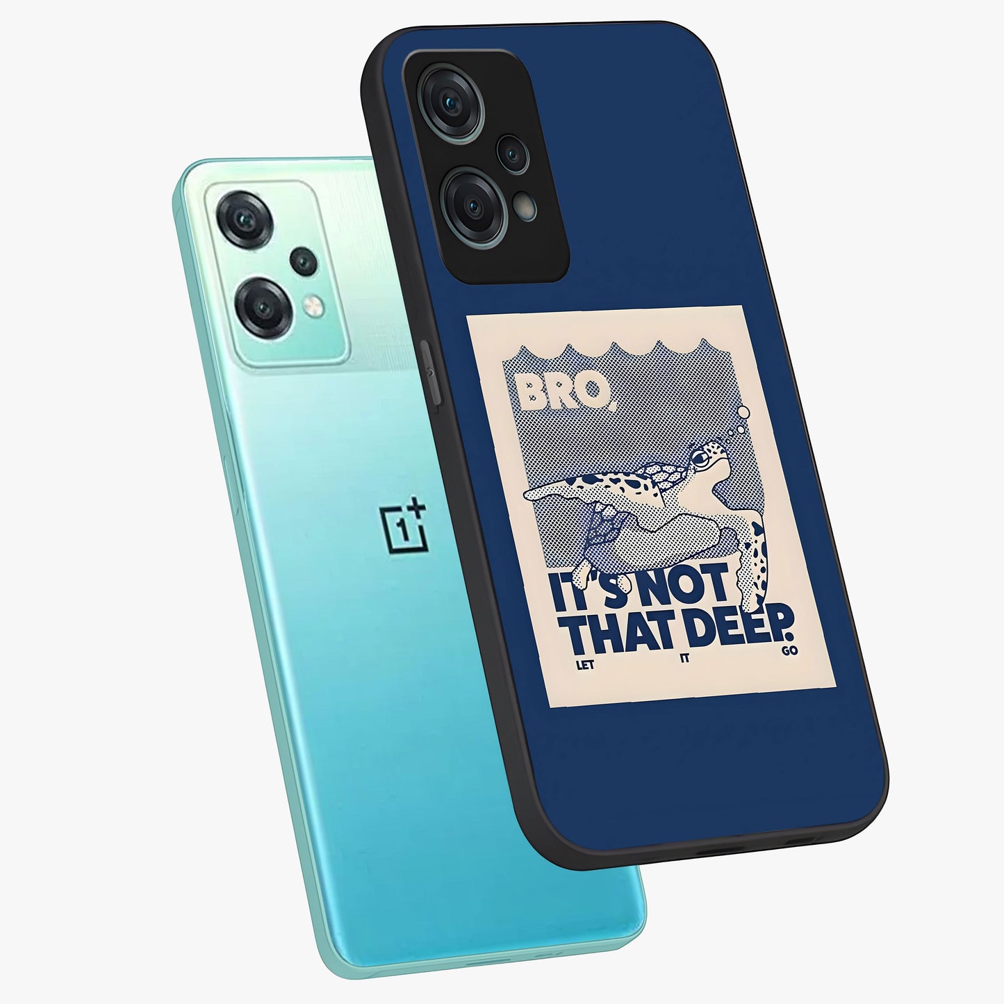 Worry Less Swim Glass Case for 1+Nord Ce 2 Lite angled mockup showcasing glossy finish and fresh ocean tones