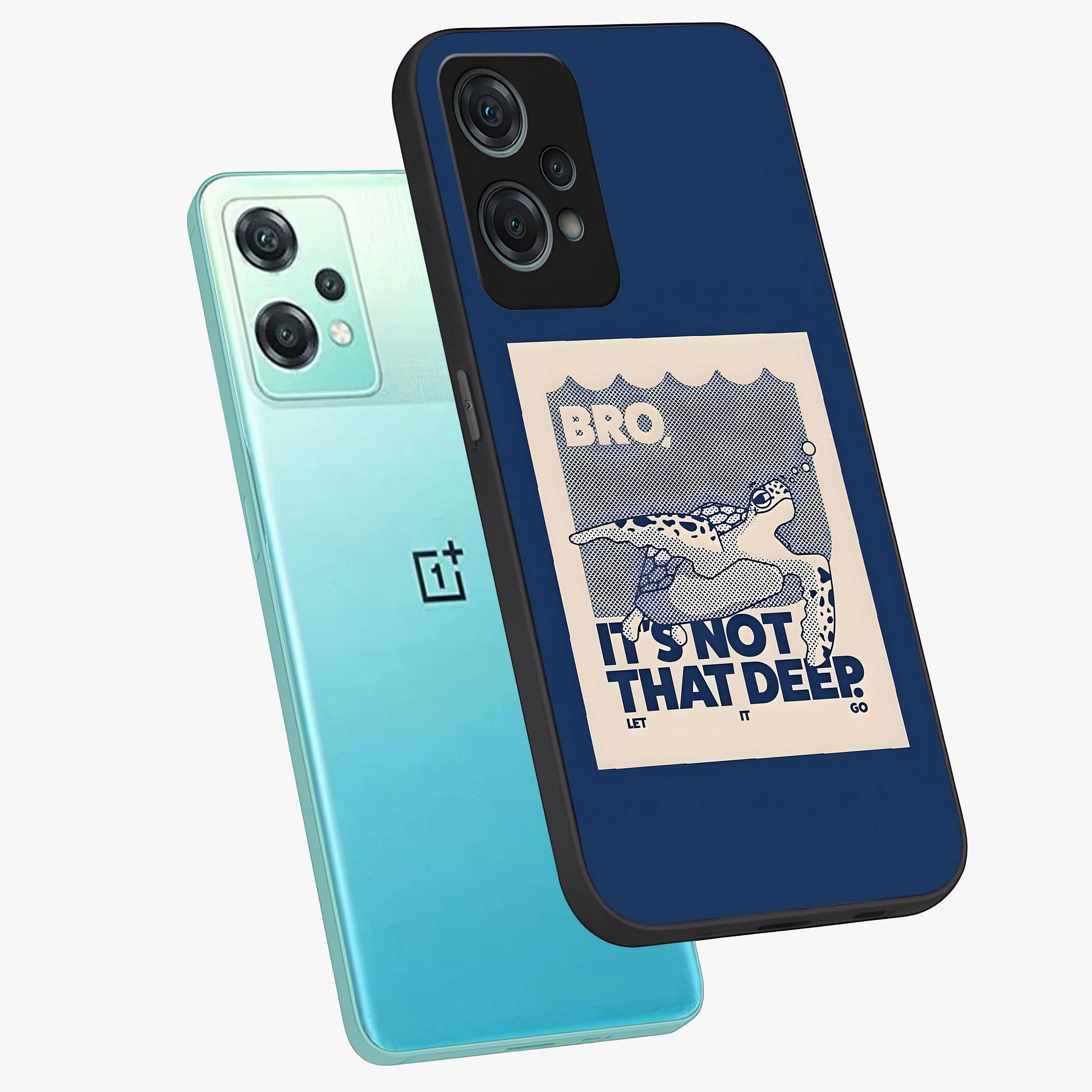Worry Less Swim Glass Case for 1+Nord Ce 2 Lite angled mockup showcasing glossy finish and fresh ocean tones
