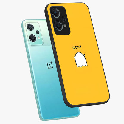 Yellow Boo Ghost Glass Case for 1+Nord Ce 2 Lite angled mockup showcasing glossy finish and fun animated detailing