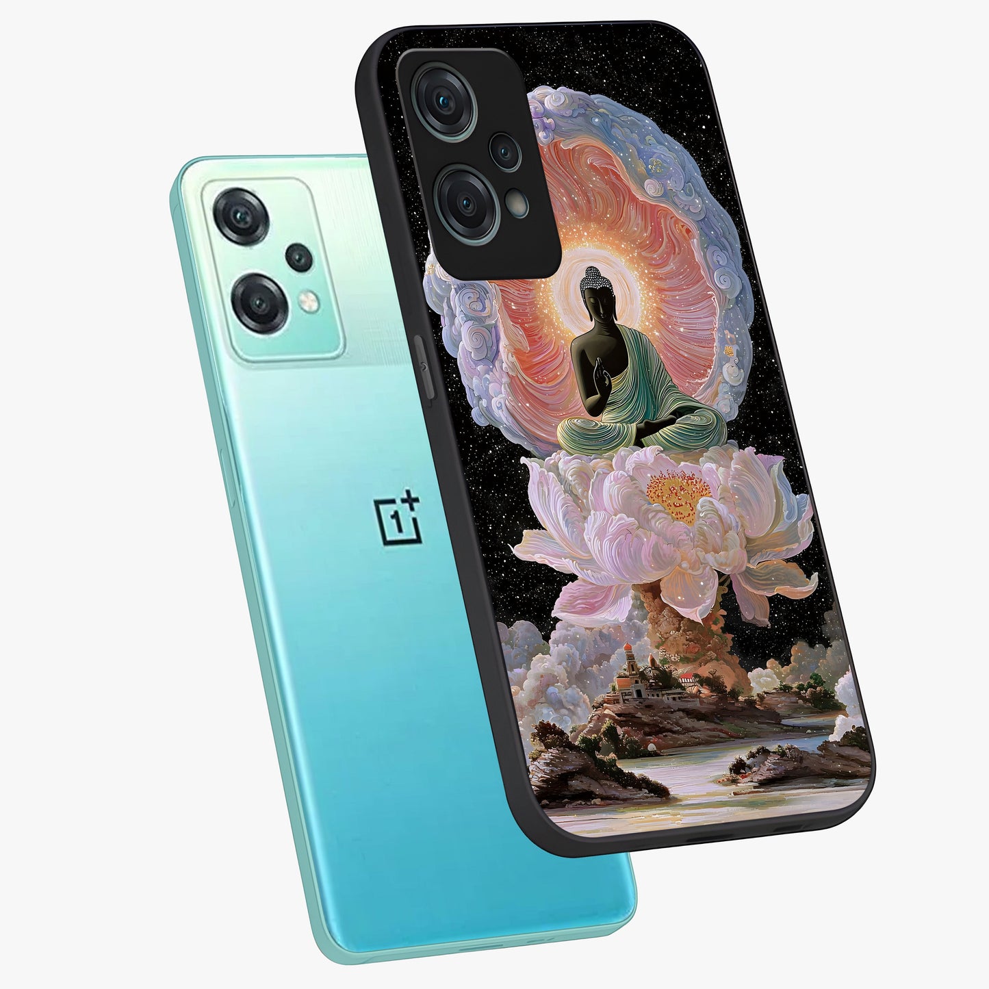 Zen Lotus Realm Glass Case for 1+Nord Ce 2 Lite angled mockup showcasing glossy finish and serene gradient detailing