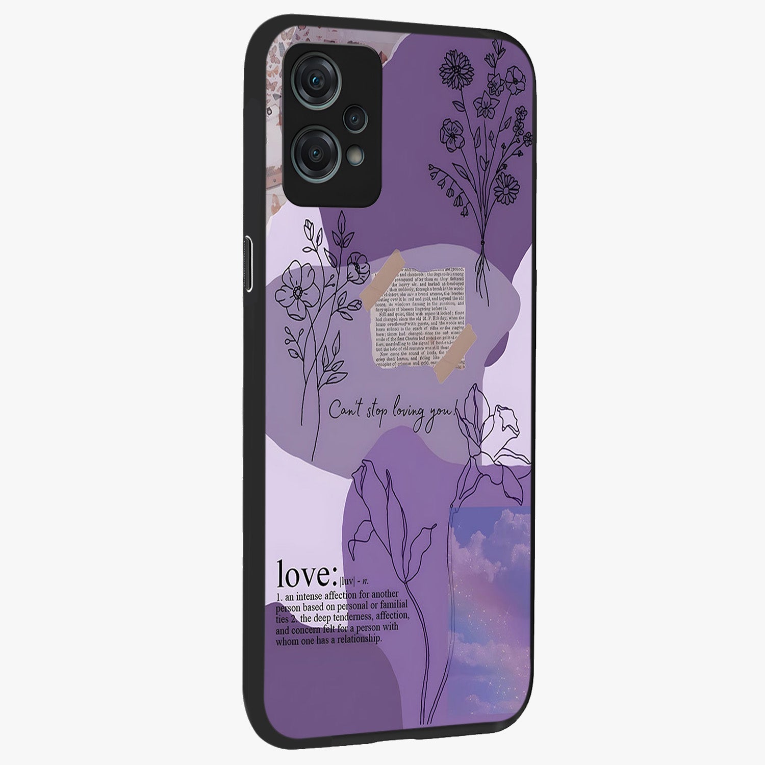 Aesthetic Love With Flower Glass Case for 1+Nord Ce 2 Lite side perspective highlighting delicate flower illustration details