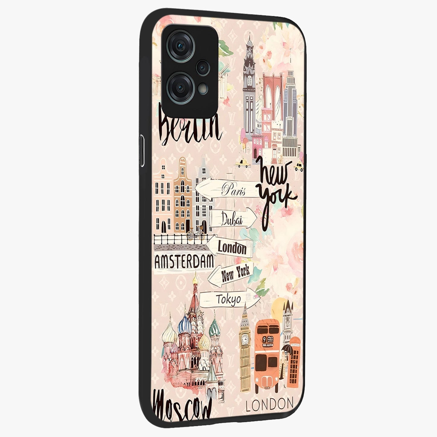 Aesthetic Travel Glass Case for 1+Nord Ce 2 Lite side perspective highlighting bold travel graphic details