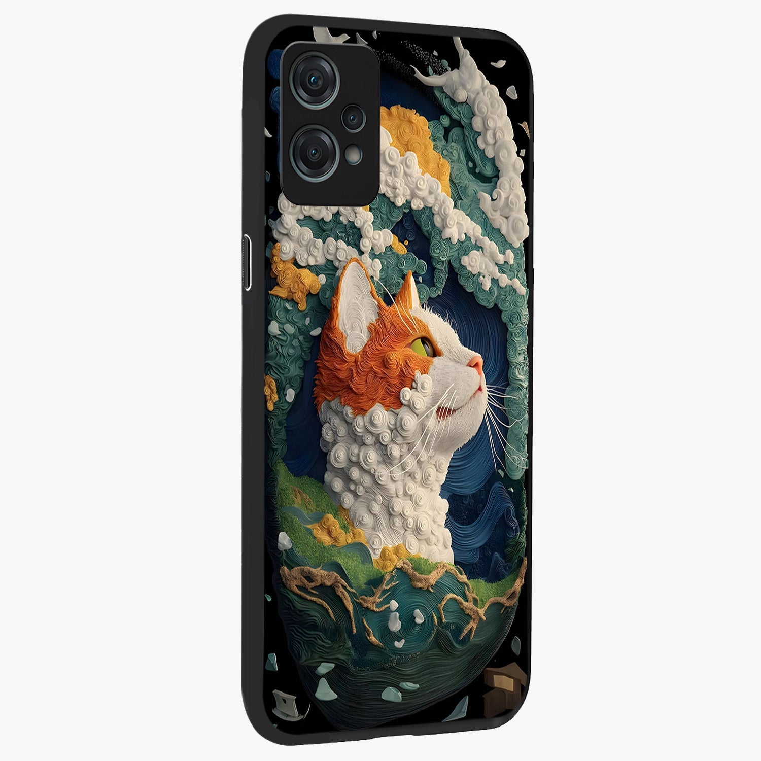 Aurora Cat Dreams Glass Case for 1+Nord Ce 2 Lite side perspective highlighting detailed feline illustration and smooth edges