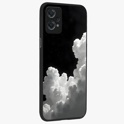 Black Background With White Cloud Glass Case for 1+Nord Ce 2 Lite side perspective highlighting smooth edges and minimalist sky theme