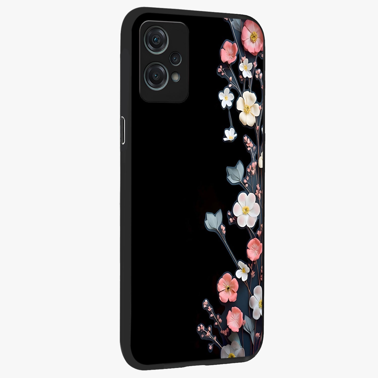 Black Elegance Floral Custom Name Glass Case for 1+Nord Ce 2 Lite side perspective highlighting elegant floral detailing and premium edges