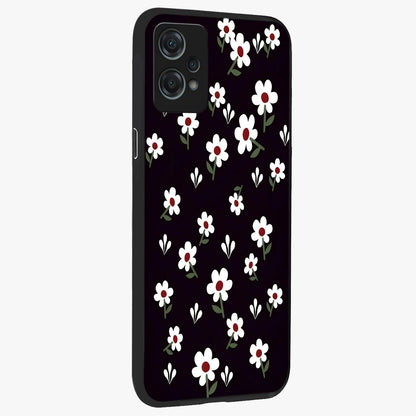 Black Prints Daisy Flower Pattern Glass Case for 1+Nord Ce 2 Lite side perspective highlighting delicate daisy details and smooth edges
