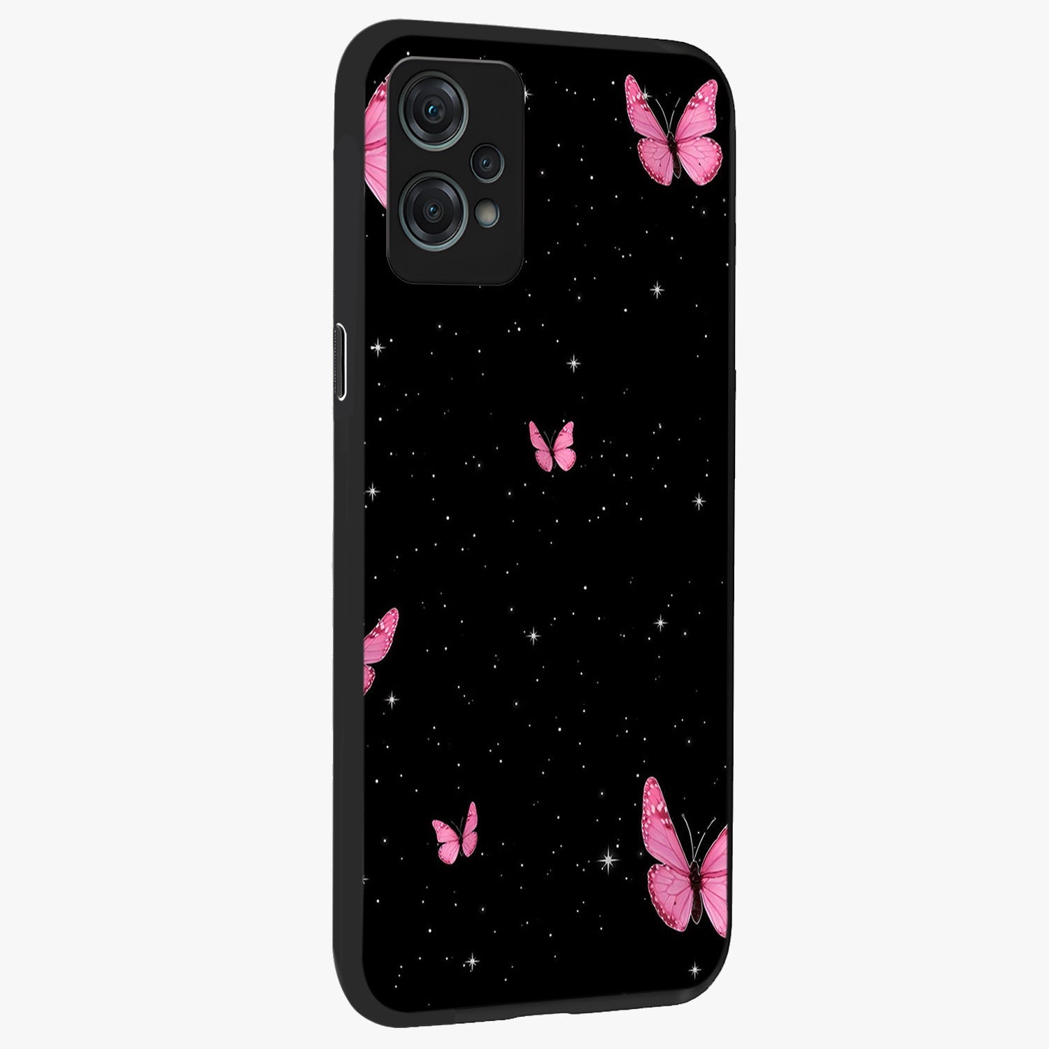 Blinking Butterfly Glass Case for 1+Nord Ce 2 Lite displayed upright for graceful aesthetic visibility and premium finish.