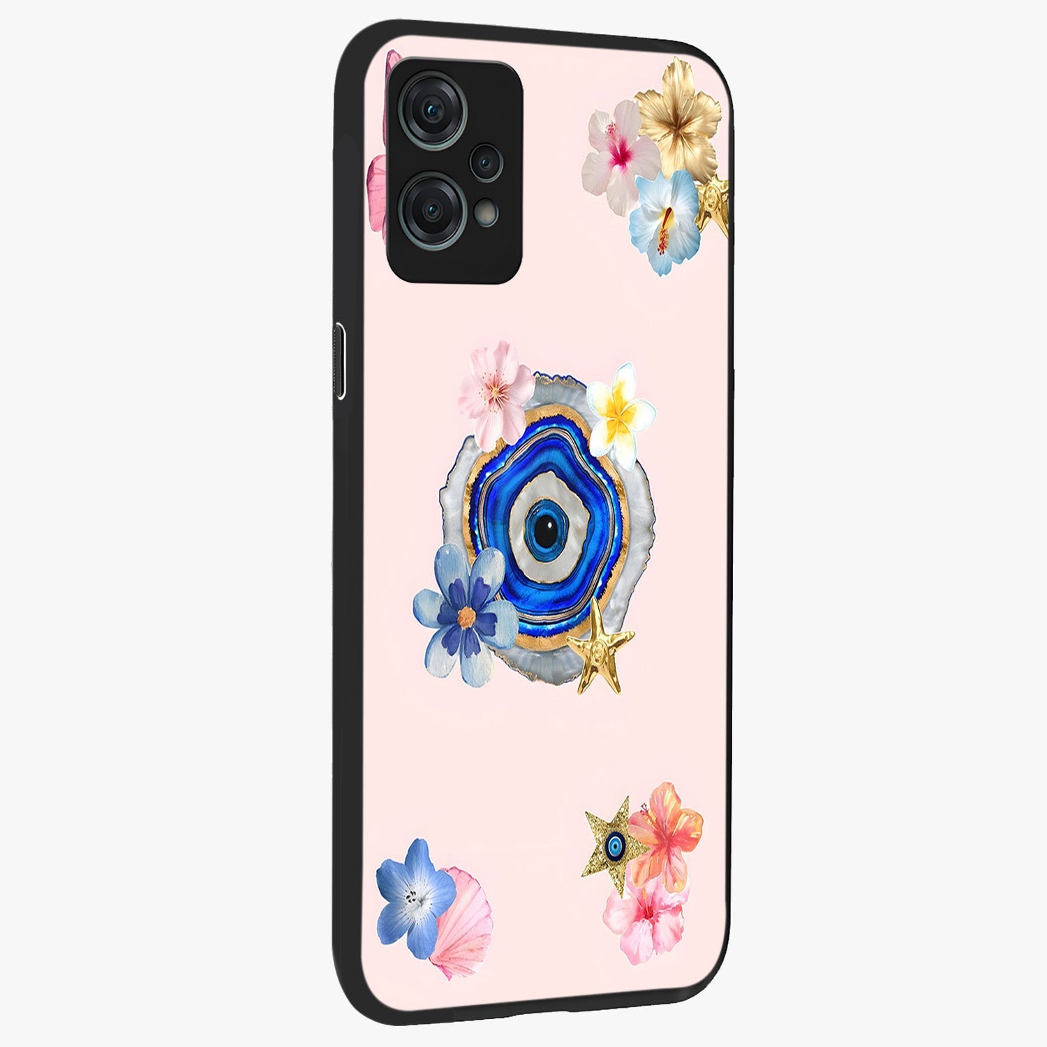 Blossom Evil Charm Glass Case for 1+Nord Ce 2 Lite side perspective highlighting delicate blossom detailing and bold symbol contrast
