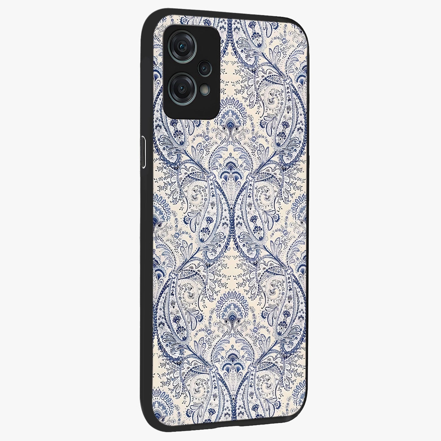 Blue Paisley Bloom Glass Case for 1+Nord Ce 2 Lite side perspective highlighting elegant paisley textures and premium build