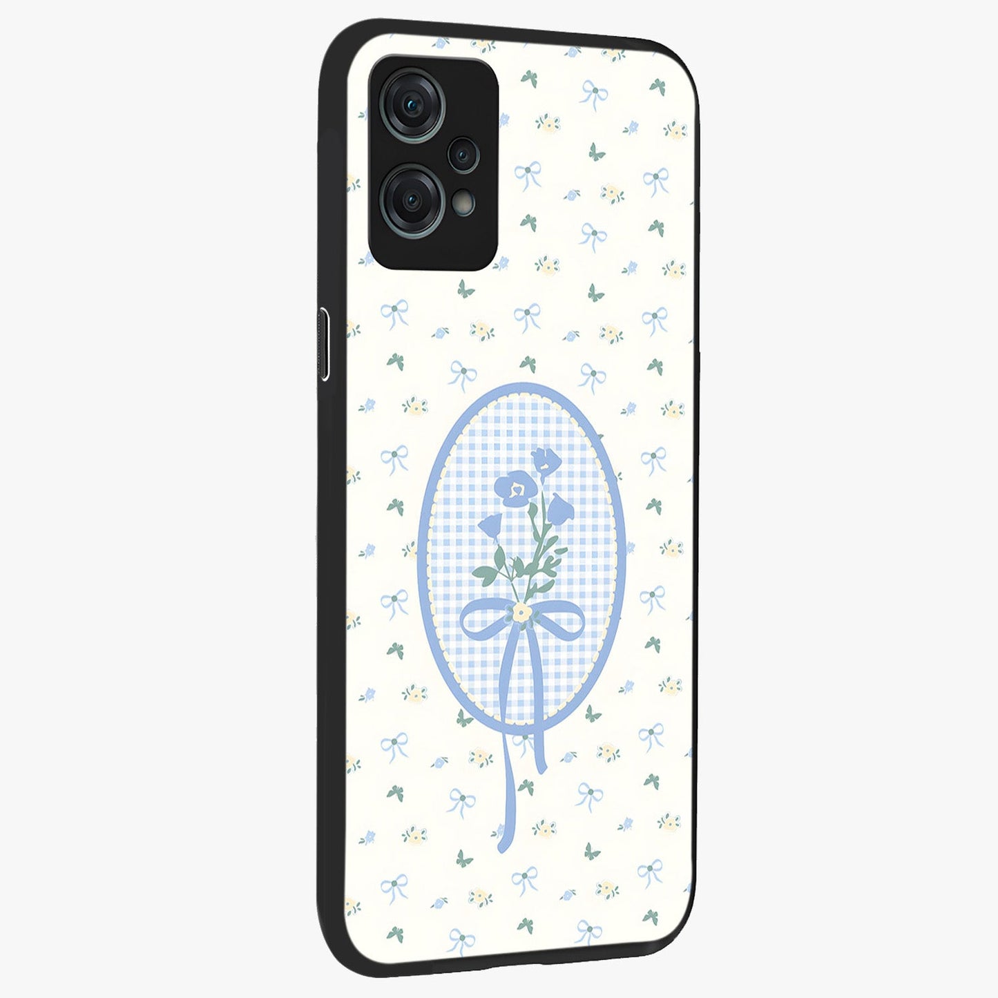 Blue Ribbon Bloom Glass Case for 1+Nord Ce 2 Lite side perspective highlighting graceful floral design and premium edges