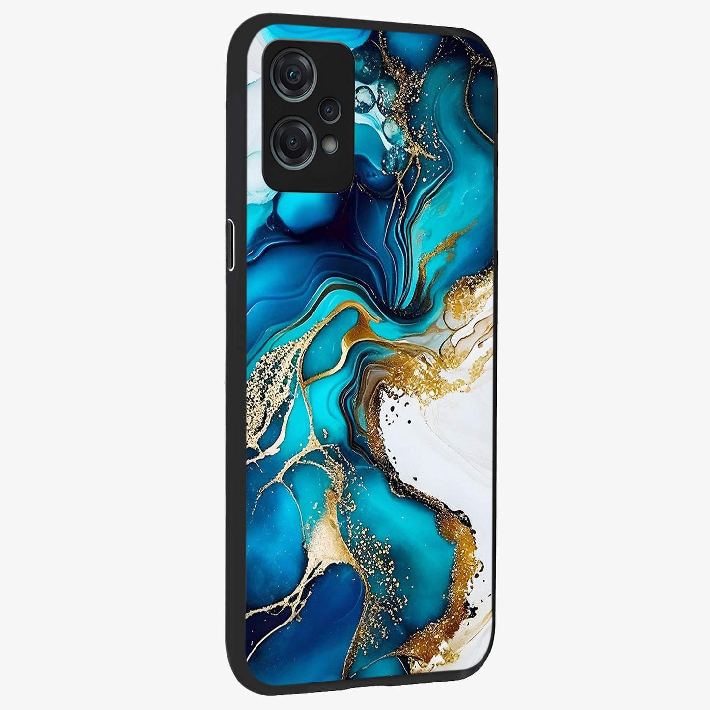 Blue and White Marble With Golden Viens Art Glass Case for 1+Nord Ce 2 Lite side perspective highlighting rich marble textures and elegant gold accents