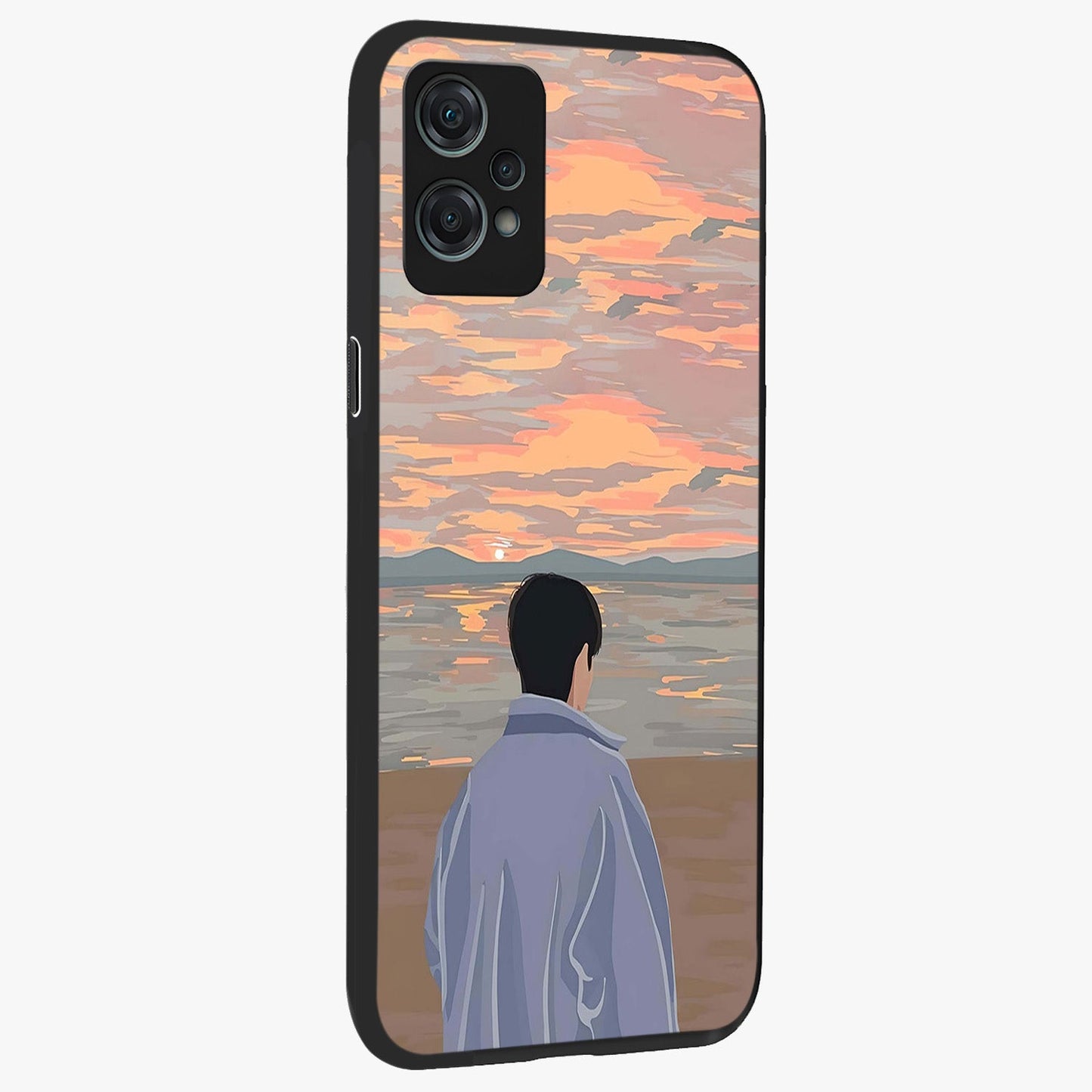 Boy Facing Sunset Beach Glass Case for 1+Nord Ce 2 Lite side perspective highlighting calming sunset gradients and smooth edges